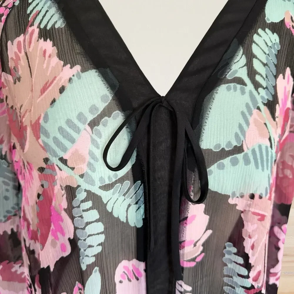Elizabeth and James Floral Print Sheer‎ Dress S Long Sleeve Black Multi No Slip